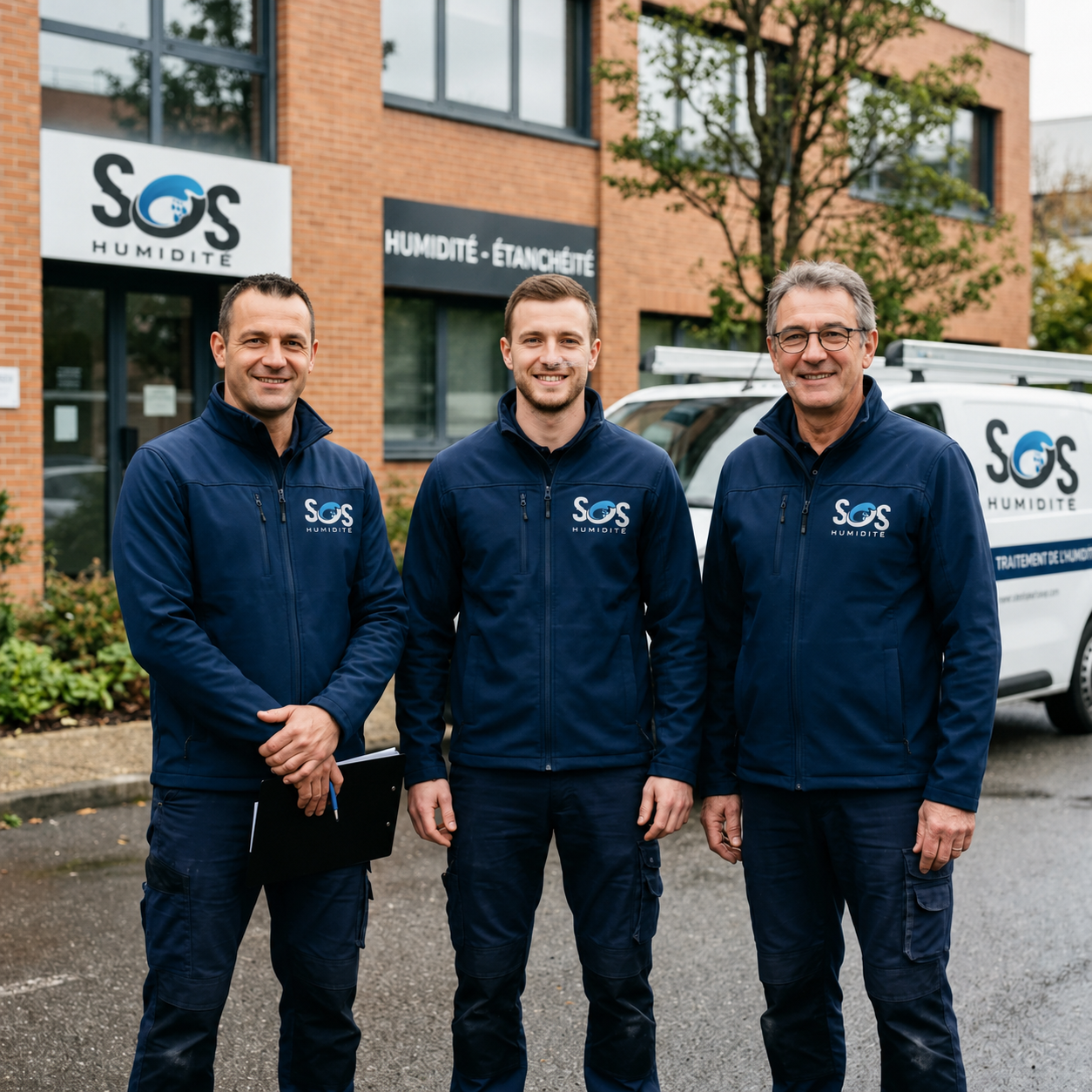 Trois techniciens experts de SOS Humidité Grand Est en uniforme de travail bleu devant leur véhicule