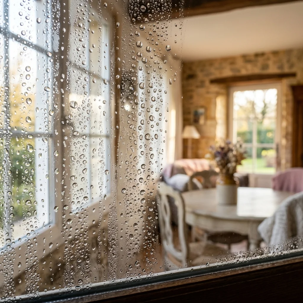 Forte condensation et buée sur les vitres d'une maison