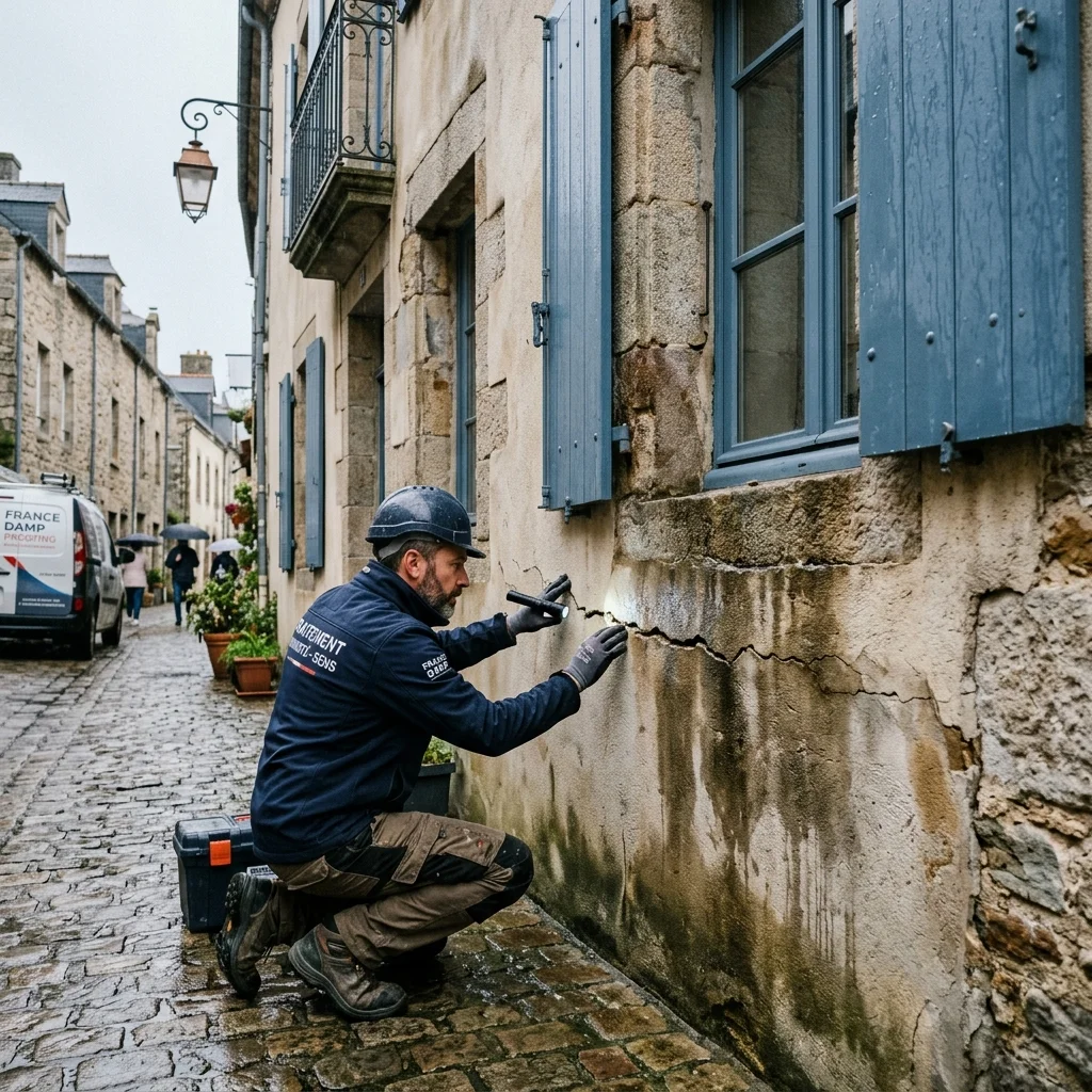 Technicien inspectant des fissures et infiltrations d'eau sur une façade