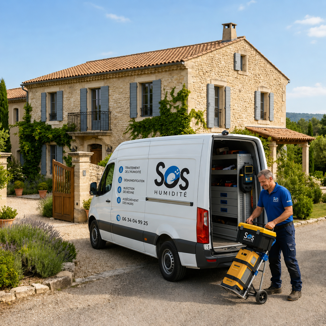 Fourgon de service de SOS Humidité garé devant une maison dans la région Grand Est